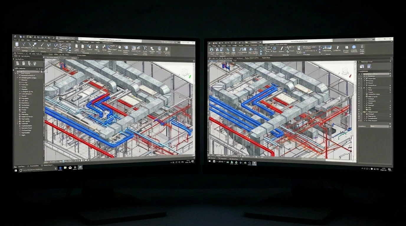 BIM model of MEP systems on dual monitors
